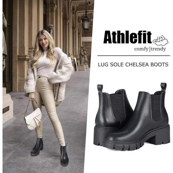 Women's Chelsea Boots Fashion Lug Sole Chunky Heel Slip on Ankle Booties Black - Picture 2 of 6